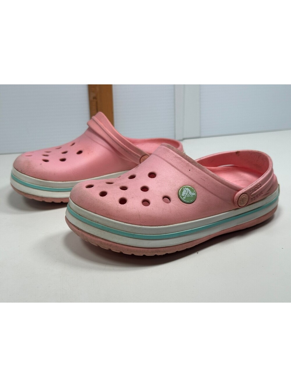 Crocs PINK Classic clogs Size 13 Little KIDS Sporty Midsole Racing Stripe Strap